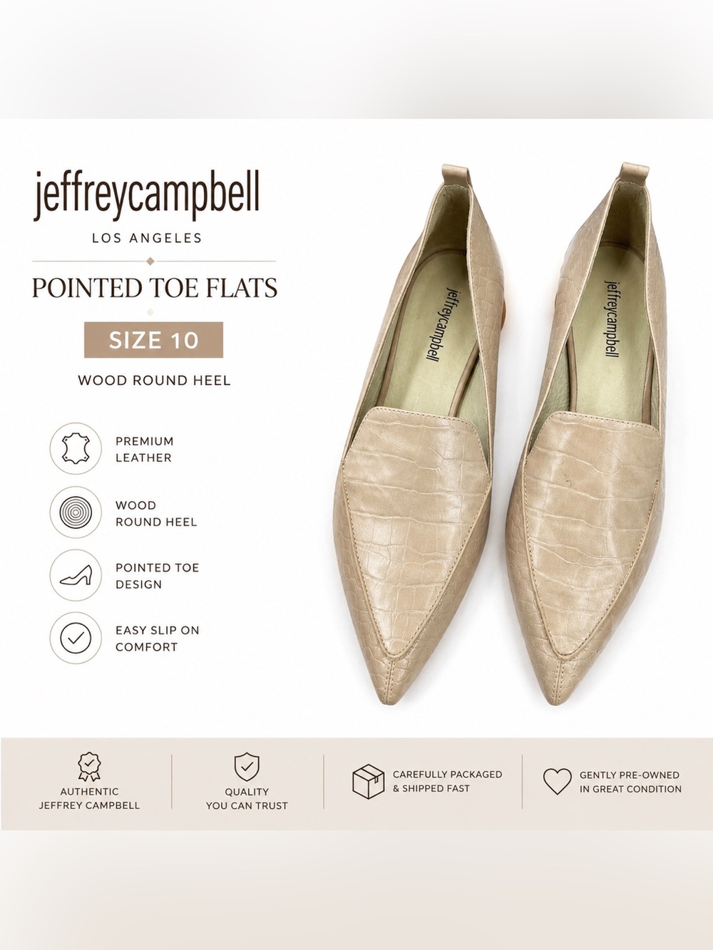 Jeffrey Campbell Pointed Toe Flats Embossed Leather Wood Heel Women’s Size 10